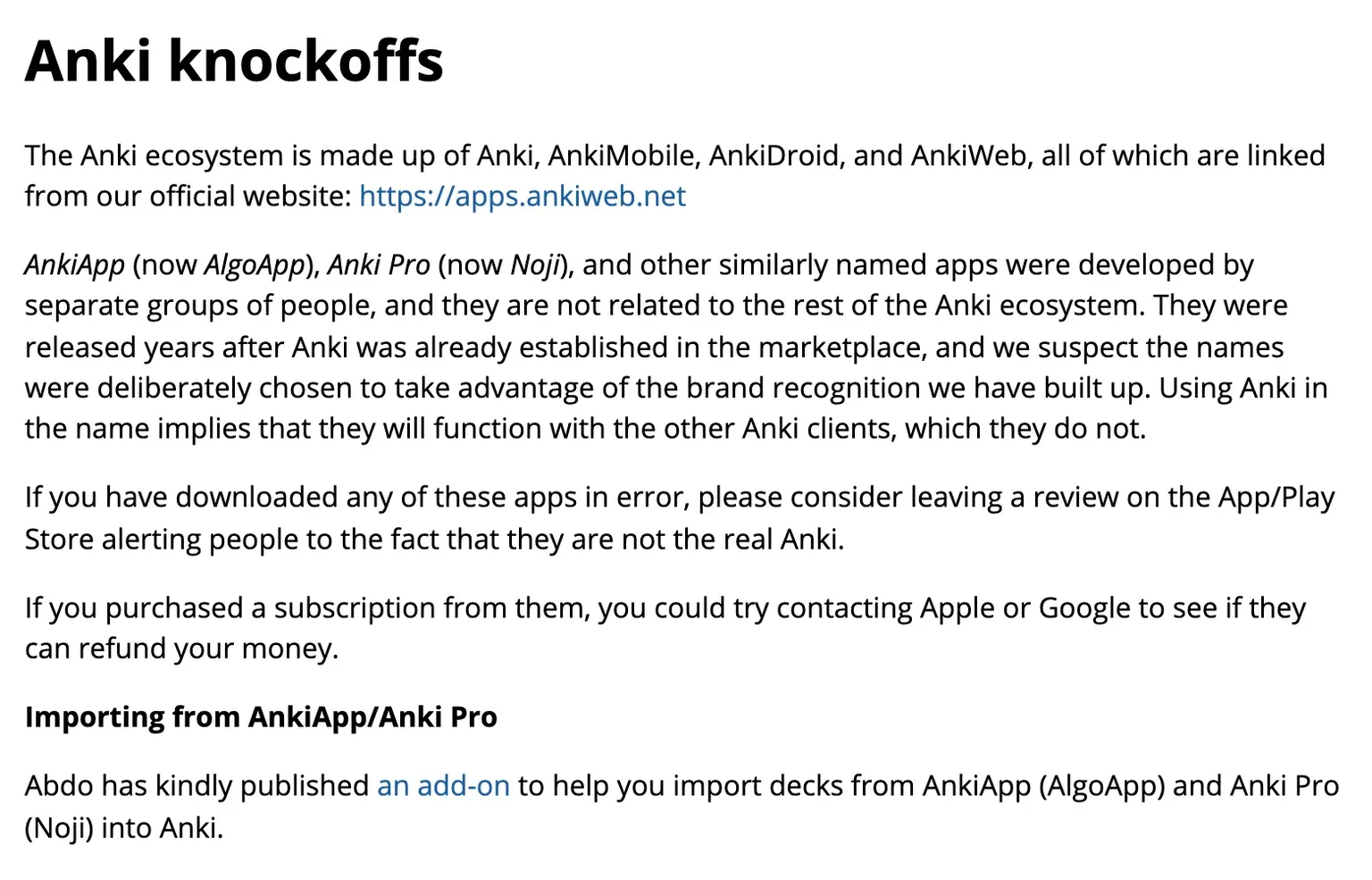 Официальная страница FAQ Anki про приложения-подделки с похожими названиями и предупреждением о несовместимости