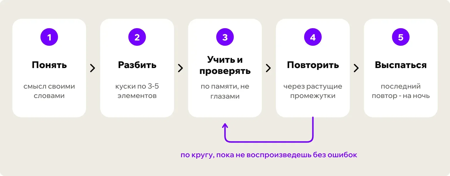 Схема из пяти шагов, как быстро выучить наизусть: понять, разбить, учить с проверкой по памяти, повторить, выспаться