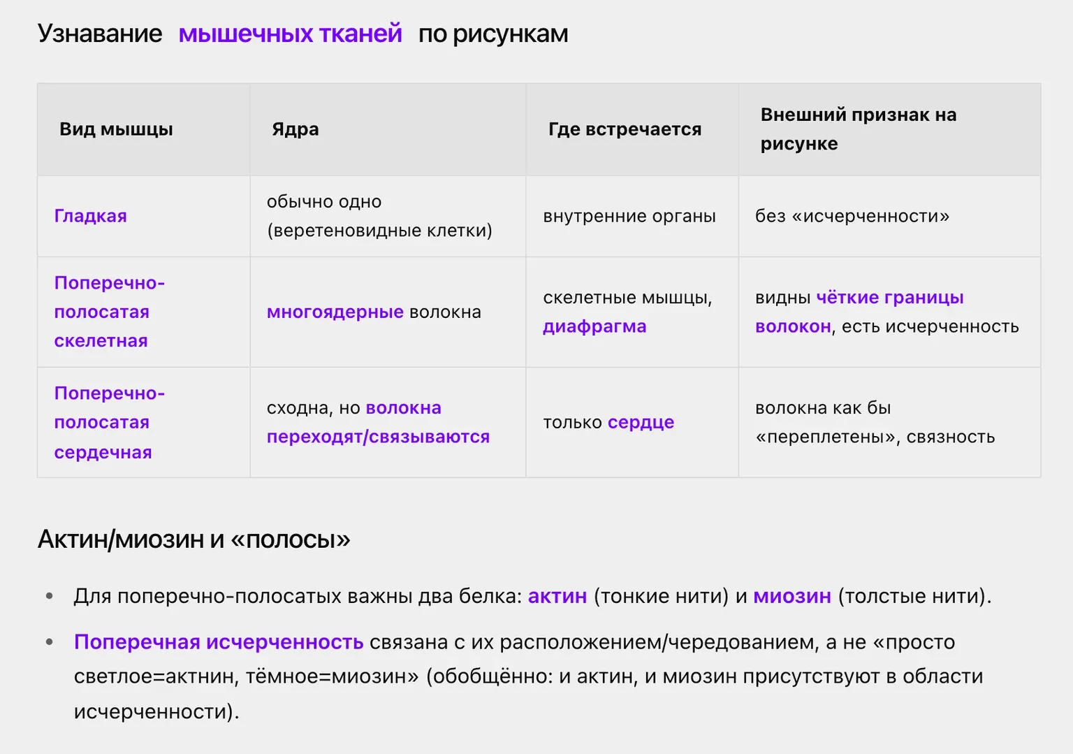 Конспект видеолекции по анатомии в Зачете: подзаголовки по темам, таблица типов мышечной ткани и выделенные термины