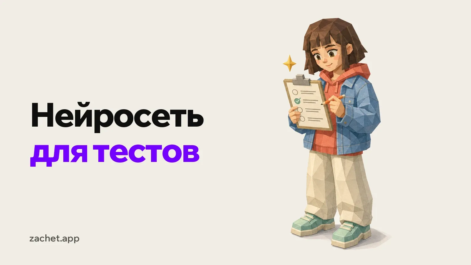 Обложка: надпись «Нейросеть для тестов» и студентка в джинсовой куртке отмечает карандашом ответ в тесте на планшете с зажимом, рядом желтая звездочка