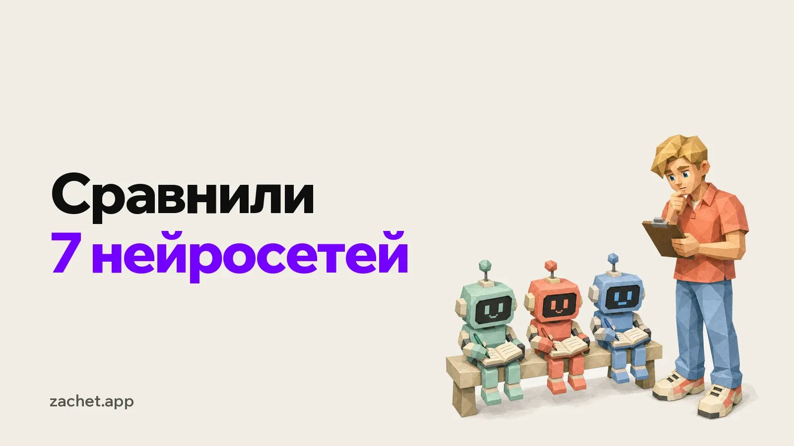 Обложка: надпись «Сравнили 7 нейросетей» и студент с планшетом для бумаг сравнивает трех роботов, которые сидят на скамейке и пишут в блокнотах