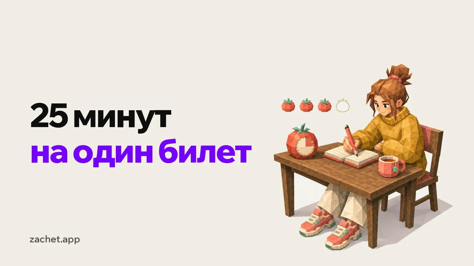 Обложка: надпись «25 минут на один билет» и студентка за столом с тетрадью, рядом таймер-помидор, над ней три помидора из четырех