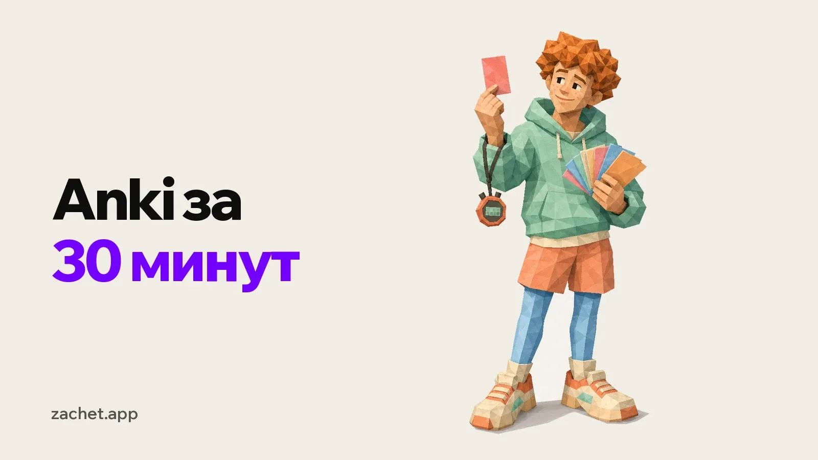 Обложка: надпись «Anki за 30 минут» и студент в мятном худи переворачивает карточку, в другой руке у него стопка цветных карточек и секундомер на ремешке