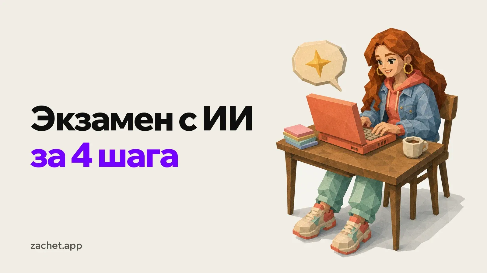 Обложка: надпись «Экзамен с ИИ за 4 шага» и студентка печатает на ноутбуке, над которым висит пузырь диалога с искрой, рядом стопка карточек и кофе