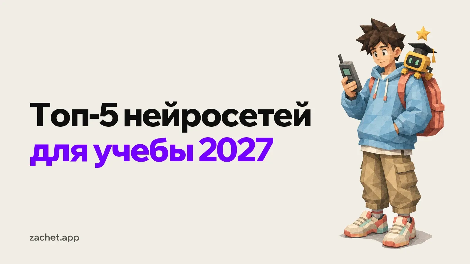 Обложка: надпись «Топ-5 нейросетей для учебы 2027» и студент с телефоном, на плече у него робот-помощник в выпускной шапочке