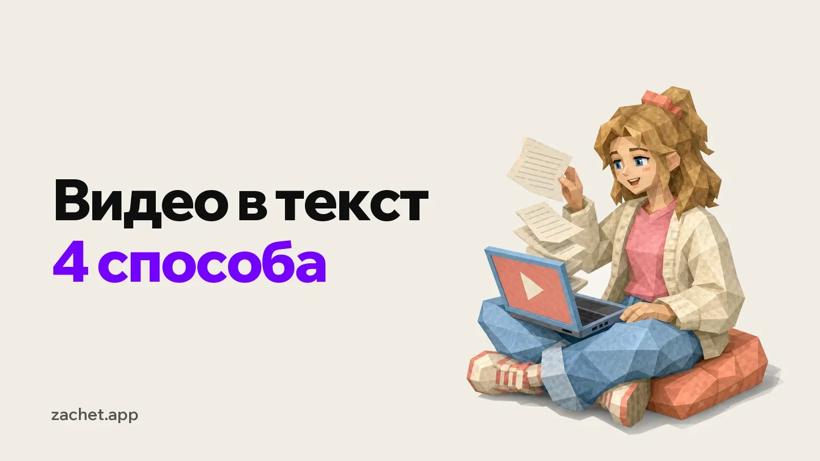 Обложка: надпись «Видео в текст - 4 способа» и студентка в светлом кардигане сидит на подушке с ноутбуком, из экрана с кнопкой воспроизведения вылетают листы с текстом