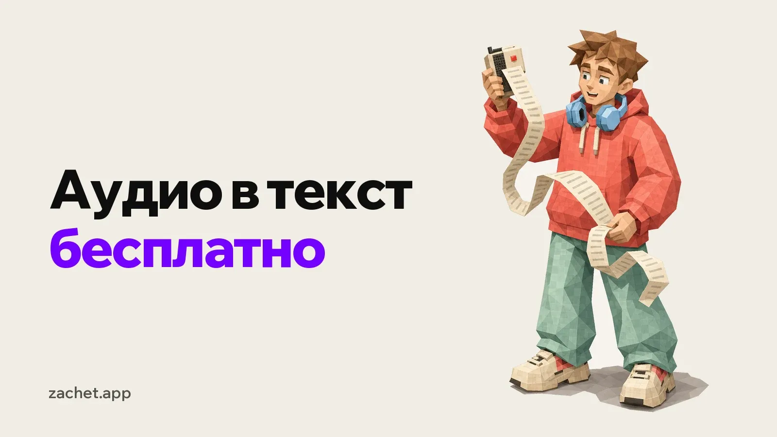 Обложка: надпись «Аудио в текст - бесплатно» и студент в красном худи с наушниками на шее держит диктофон, из которого выползает длинная бумажная лента с текстом