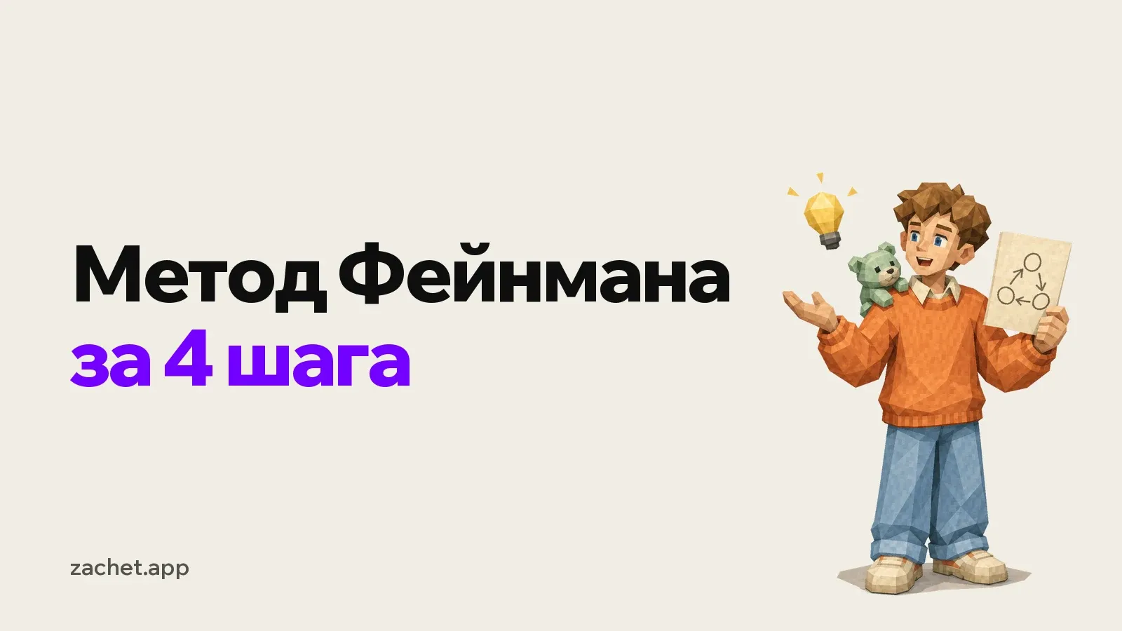 Обложка: надпись «Метод Фейнмана за 4 шага» и студент в оранжевом свитере объясняет тему, держит лист со схемой, на плече у него мятный плюшевый мишка, над рукой лампочка