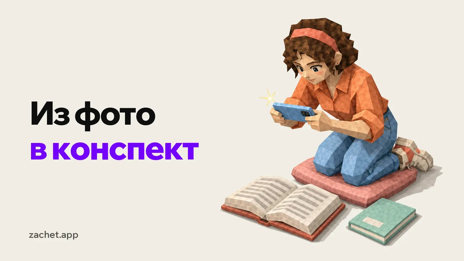 Обложка: надпись «Из фото в конспект» и студентка на коленях фотографирует телефоном раскрытый учебник, рядом лежит тетрадь