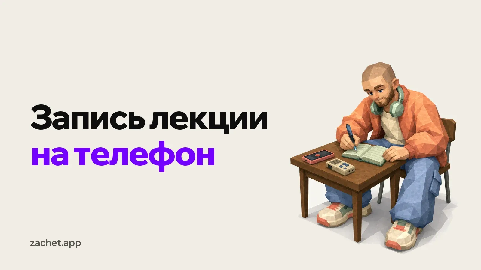 Обложка: надпись «Запись лекции на телефон» и студент в оранжевой куртке с наушниками на шее пишет в тетради за партой, рядом лежат телефон с кнопкой записи и диктофон