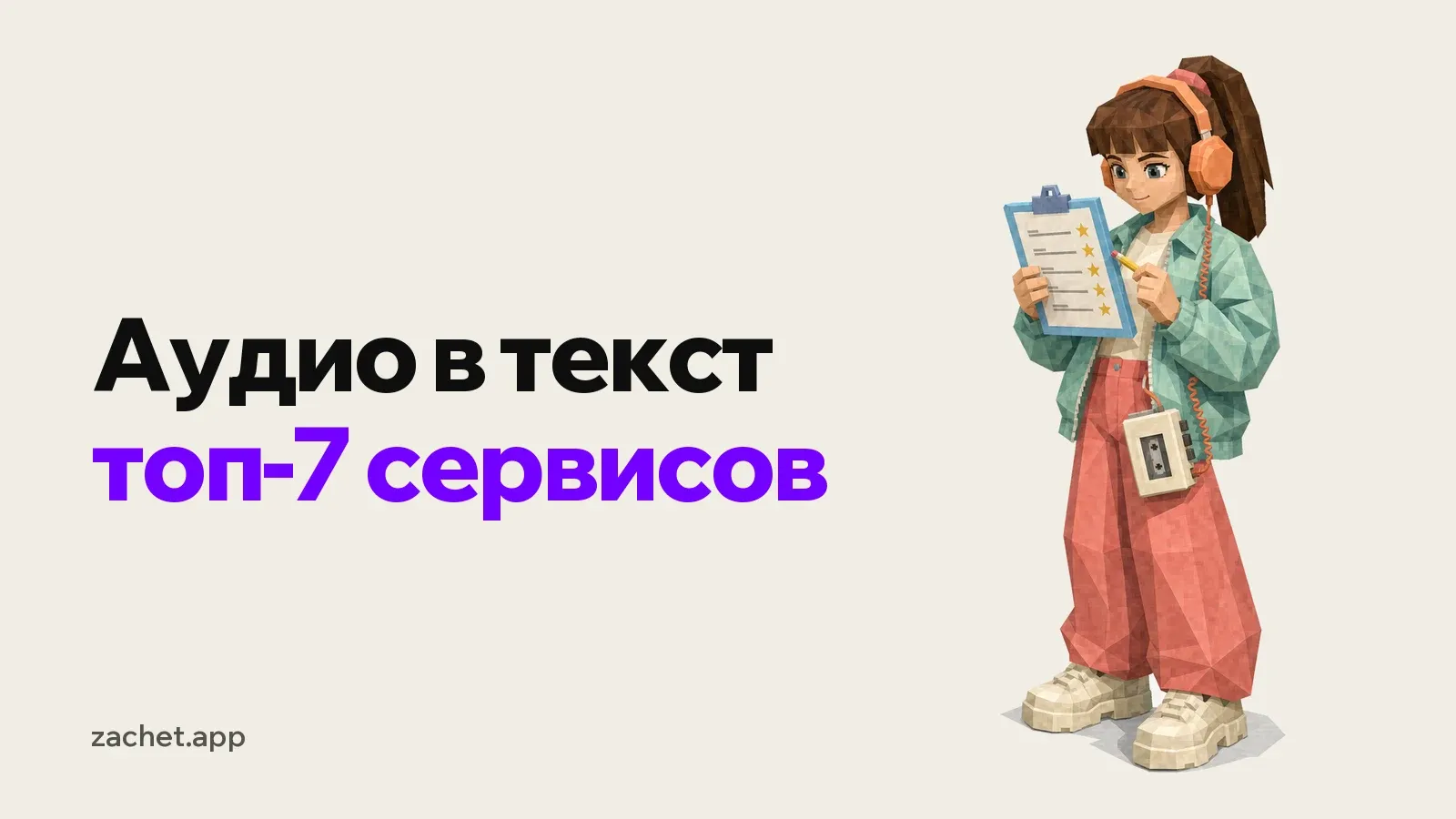 Обложка: надпись «Аудио в текст - топ-7 сервисов» и студентка в мятной куртке и наушниках с кассетным плеером на поясе отмечает звездочками список на планшете для бумаг