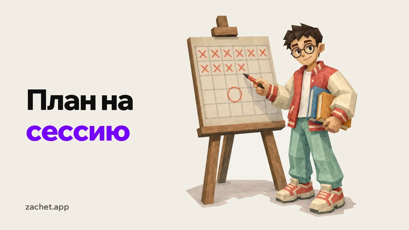 Обложка: надпись «План на сессию» и студент в очках показывает ручкой на календарь-сетку на мольберте с зачеркнутыми днями и обведенной датой, под мышкой учебники