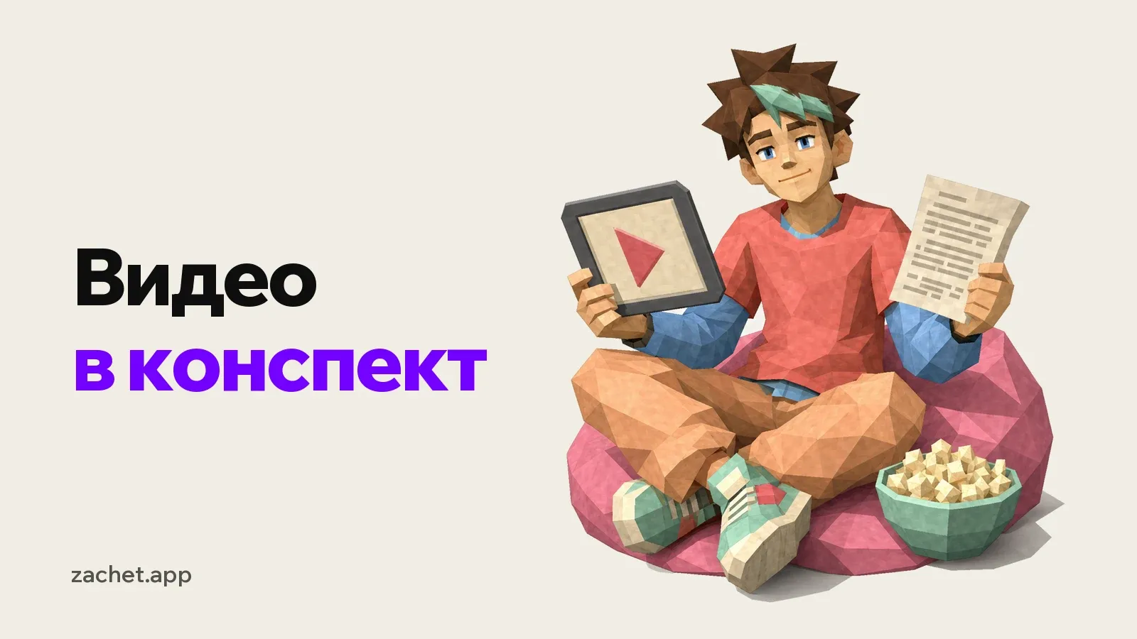 Обложка: надпись «Видео в конспект» и студент в кресле-мешке держит планшет с кнопкой плей и лист с текстом, рядом миска попкорна