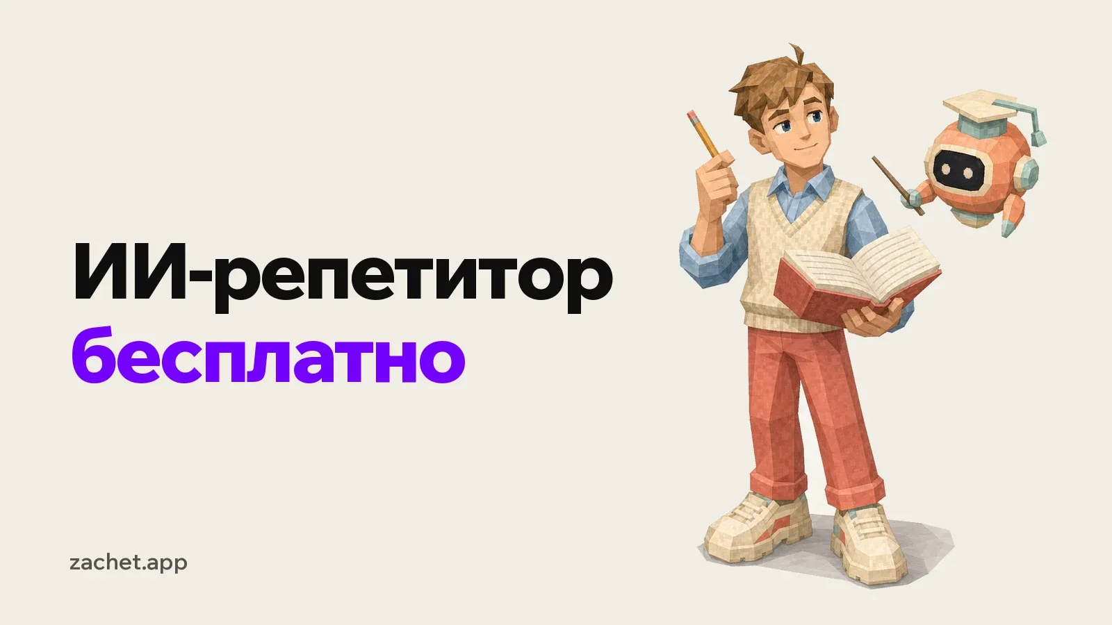 Обложка: надпись «ИИ-репетитор бесплатно» и студент в вязаном жилете держит открытую тетрадь и карандаш, рядом парит маленький робот-репетитор в академической шапочке с указкой
