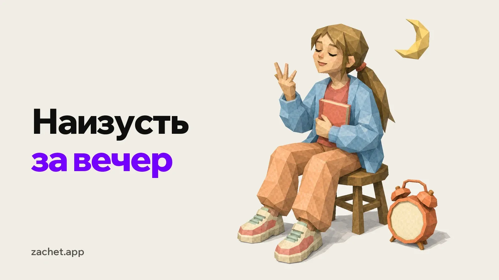 Обложка: надпись «Наизусть за вечер» и студентка с закрытыми глазами повторяет по памяти, прижимая тетрадь и загибая пальцы, рядом будильник, над ней месяц